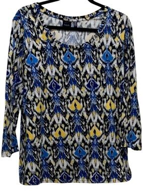 Rafaella Blue, Yellow & Black Patterned 3/4 Long Sleeve Top Rhinestones 2X